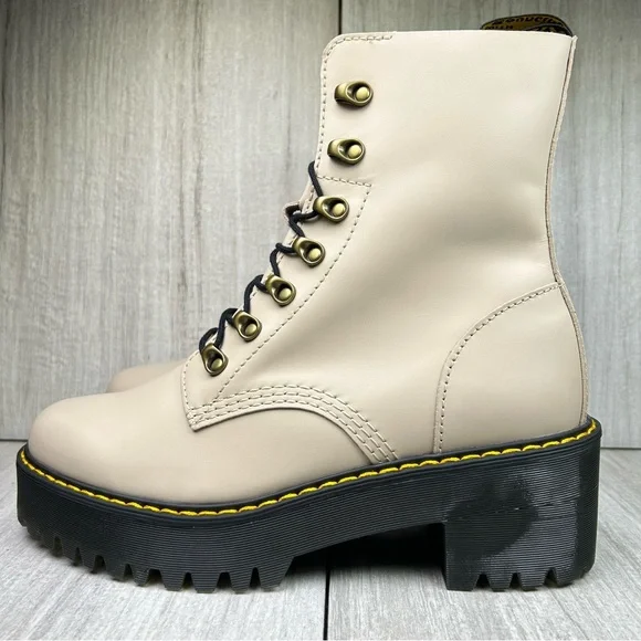 NEW Dr. Marten Docs Leona Taupe Brown Leather Heeled Combat Boot Women’s Size 10 - Picture 3 of 10